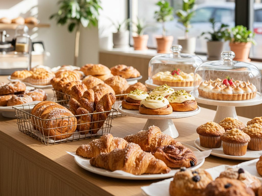 Gemischtes Gebäck, Muffins und Kuchen auf einem Holztisch in einer hellen, gemütlichen Bäckerei, die vom Charme der veganen Restaurants in Hamburg inspiriert ist.