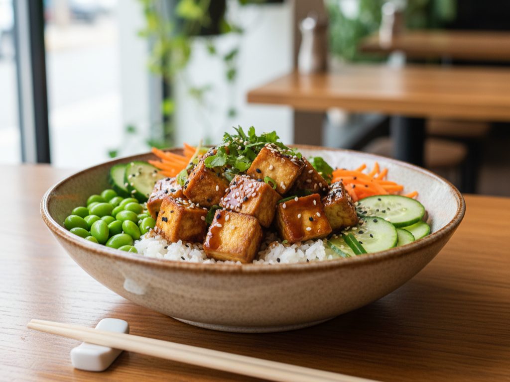 Eine Schüssel Reis mit glasiertem Tofu, Edamame, Gurkenscheiben, geraspelten Karotten und Sesam - ein köstliches Beispiel für pflanzliche Küche, wie man sie in den Top Vegane Foodspots Stuttgart findet.