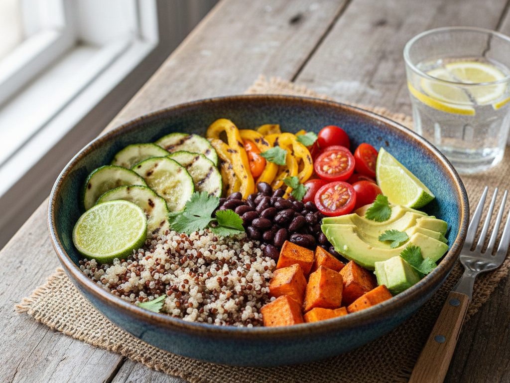 Eine lebendige, von der pflanzlichen Küche inspirierte Bowl: Quinoa, schwarze Bohnen, Süßkartoffeln, Avocado, Tomaten, Zucchini, Paprika und Limettenscheiben - perfekt, um vegane Foodspots Stuttgart zu entdecken.