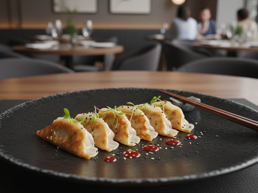 Fünf in der Pfanne gebratene Gyoza, garniert mit Grünzeug und Soße, serviert auf einem schwarzen Teller in einem modernen Restaurant - perfekt für alle, die vegane Restaurants in Hamburg erkunden möchten.
