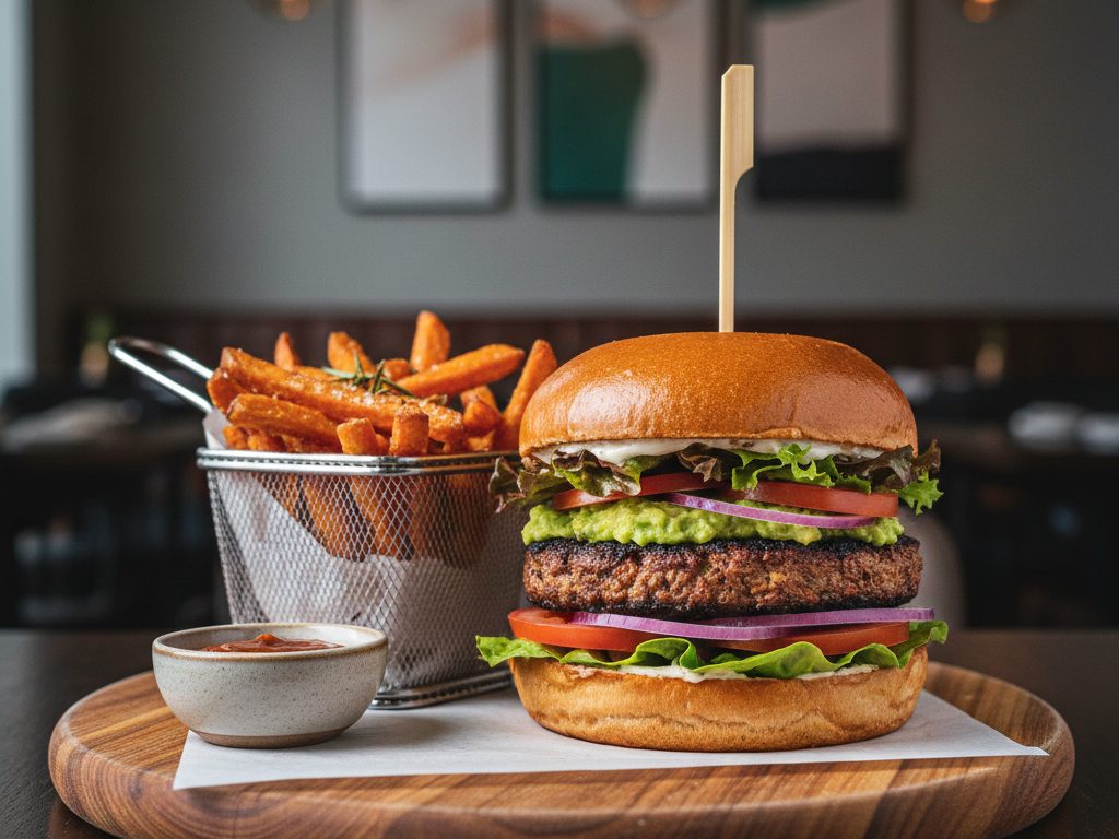 Ein Veggie-Burger mit Salat, Tomate, Zwiebeln und Guacamole, serviert mit Süßkartoffelpommes und Dip - perfekt für alle, die vegane Restaurants in Hamburg erkunden möchten.