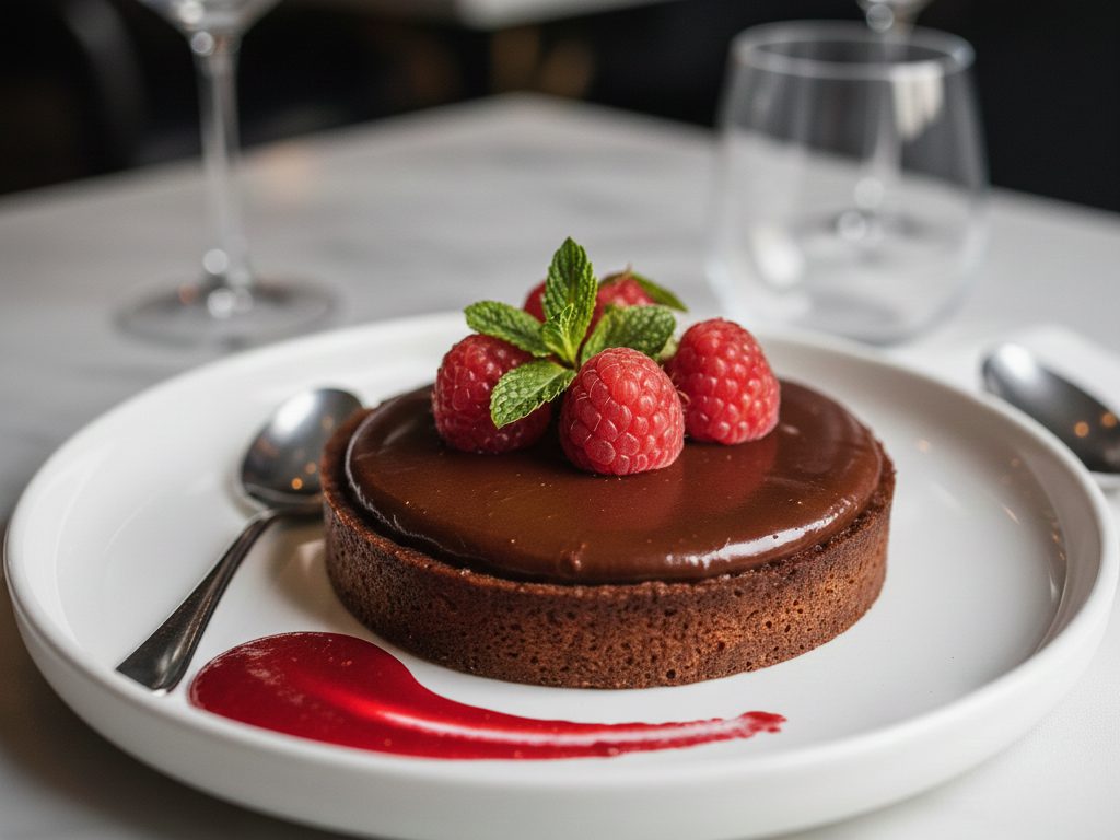 Schokoladenkuchen mit Himbeeren und Minze, serviert mit Himbeersauce auf einem weißen Teller - eine köstliche Leckerei, die man oft in veganen Restaurants in Hamburg findet.