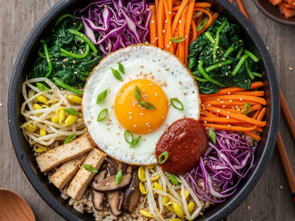 Eine farbenfrohe Bibimbap-Schüssel mit Gemüse, Tofu, Pilzen, Reis und einem Spiegelei, gekrönt mit grünen Zwiebeln - eine lebhafte Option, die man oft in veganen Restaurants in Hamburg findet.