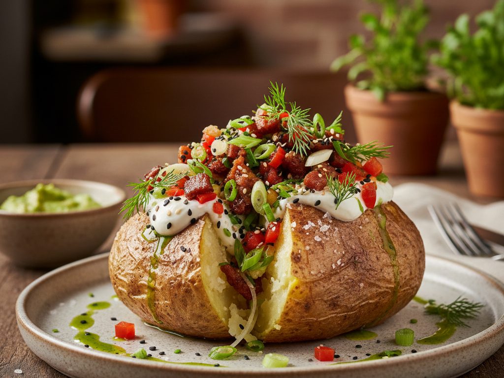 Eine Ofenkartoffel mit Sauerrahm, Speck, Frühlingszwiebeln, Dill und Gemüsewürfeln auf einem Teller - eine köstliche Entdeckung auch unter den veganen Restaurants in Hamburg.