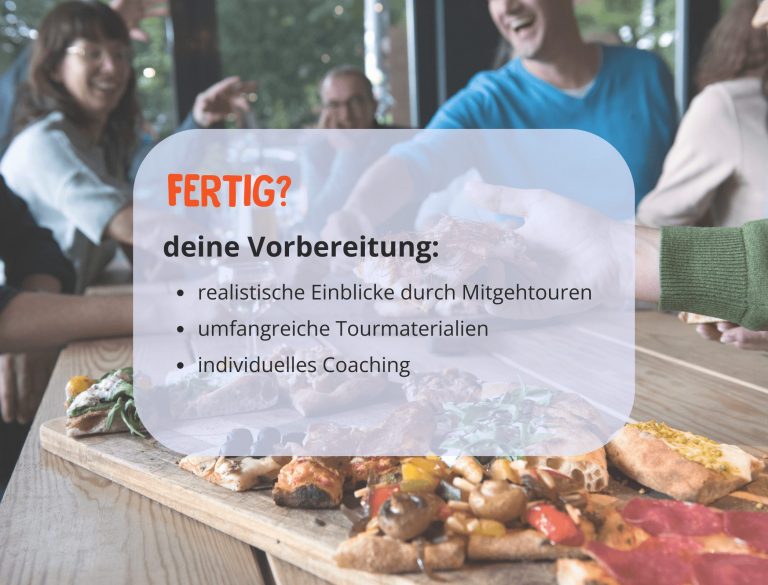 Menschen teilen sich eine Pizza an einem Tisch mit einem deutschen Textfeld über Vorbereitung und Coaching im Vordergrund.