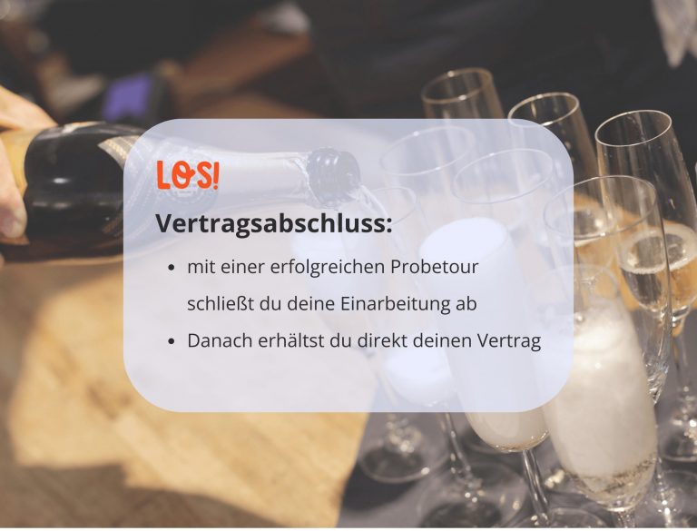 Eine Hand schenkt Sekt in Gläser ein; ein Text erklärt den Vertragsablauf nach einem erfolgreichen Probetag.