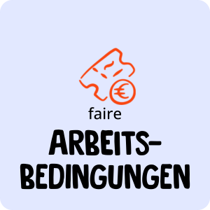 Ticket-Symbol und Euro-Münze über dem deutschen Text "faire Arbeitsbedingungen" auf hellem Hintergrund.