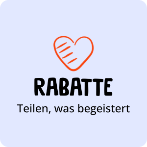 Ein rotes Herz über dem Text "RABATTE" und "Teilen, was begeistert" auf hellblauem Hintergrund.