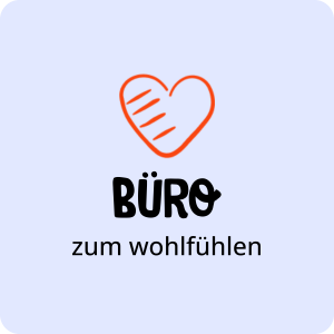 Ein rotes Herz über dem deutschen Text "Büro zum Wohlfühlen" auf hellblauem Hintergrund.