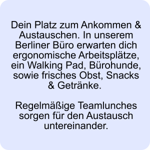 Modernes Berliner Büro mit ergonomischen Arbeitsplätzen, Snacks, Getränken und regelmäßigem Team-Austausch.