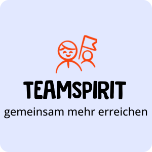 Zwei Figuren mit einer Flagge über "TEAMSPIRIT" und dem Text "gemeinsam mehr erreichen" auf hellblauem Hintergrund.