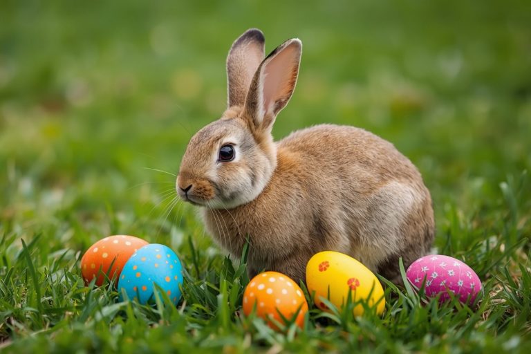 Ein brauner Hase sitzt im Gras, umgeben von bunt geschmückten Ostereiern, bereit für das Oster-Quiz, während du die Welt der Frühlingsfreuden isst.