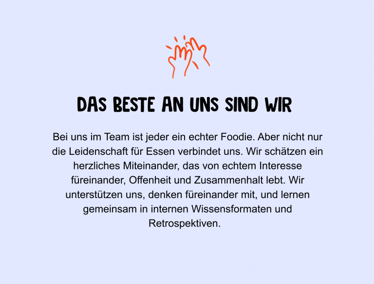 Grafik mit Text: "Das Beste an uns sind wir" und Beschreibung eines leidenschaftlichen Teams, das eine unterstützende Kultur fördert und gemeinsam Karriereziele erreicht.