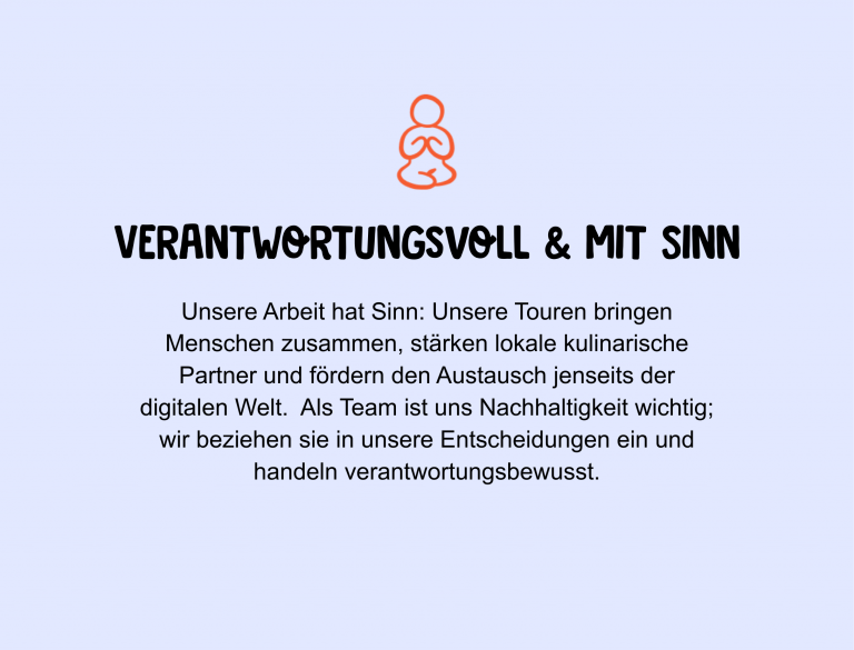 Ein orangefarbenes Liniensymbol über einem deutschen Text über verantwortungsvolle Arbeit und Kultur auf einem hellvioletten Hintergrund.