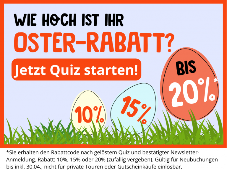 Bunte Ostereier mit Aufschriften 10%, 15%, bis 20% Rabatt und Text zum Start eines Oster-Quiz.