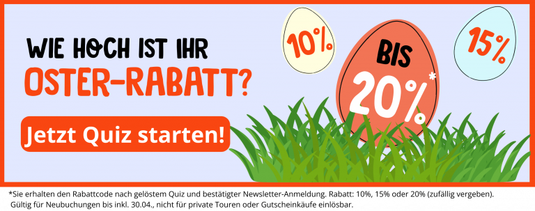 Banner mit Ostereiern, die 10%, 15% und bis zu 20% Rabatt anzeigen; Textaufforderungen zum Starten eines Quiz.