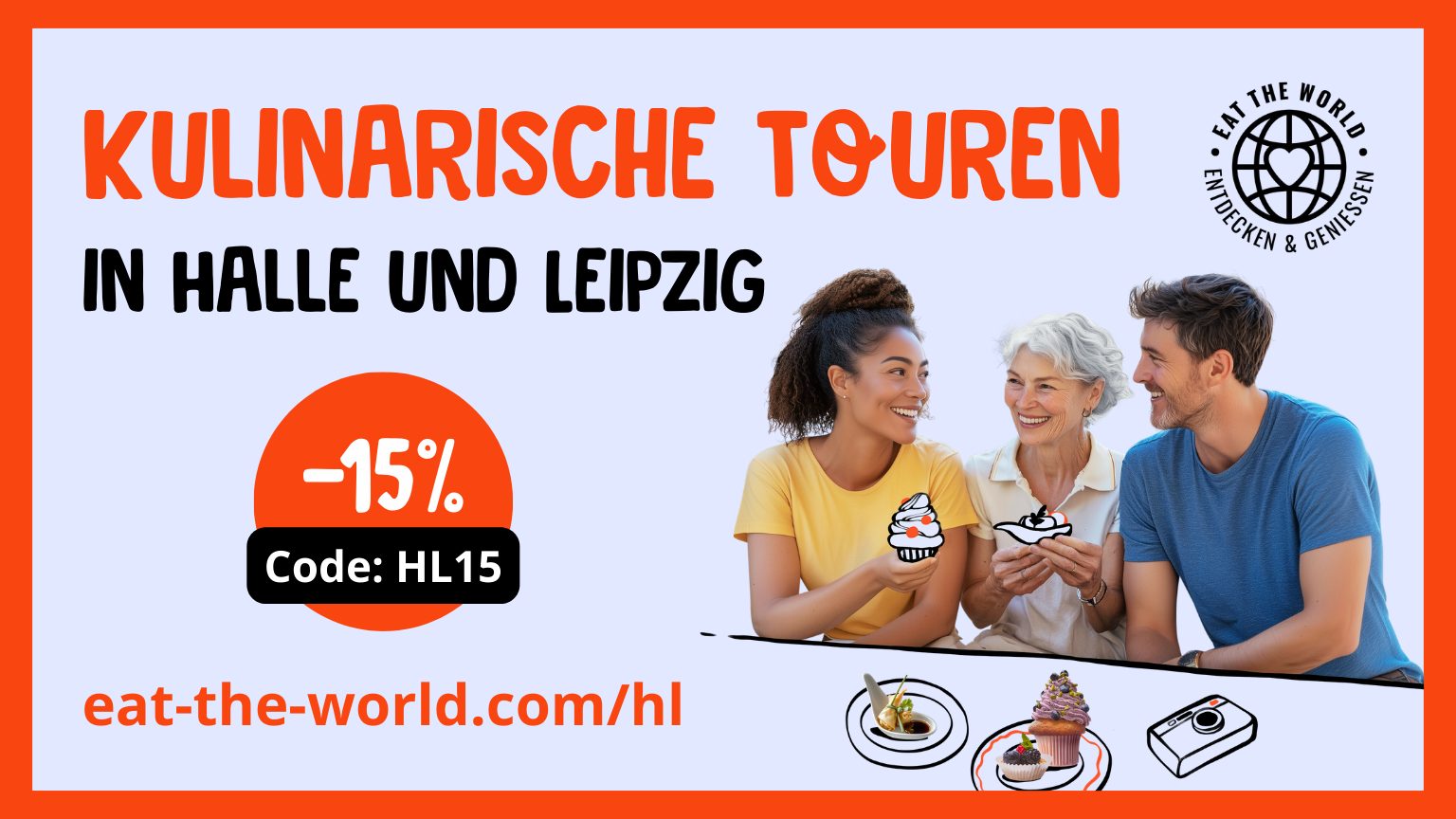 Drei Personen, die gemeinsam Desserts genießen, erhalten 15 % Rabatt auf kulinarische Touren in Halle und Leipzig - perfekt für schöne Dates Leipzig oder alle, die kreative Date-Ideen Leipzig suchen.