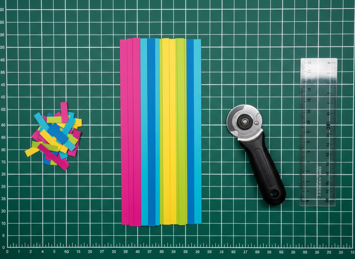 Bunte Papierstreifen, ein Rollschneider und ein klares Lineal auf einer grünen Schneidematte mit Rasterlinien - perfekt für Ihr DIY-Projekt "Geflochtenes Osterkörbchen".