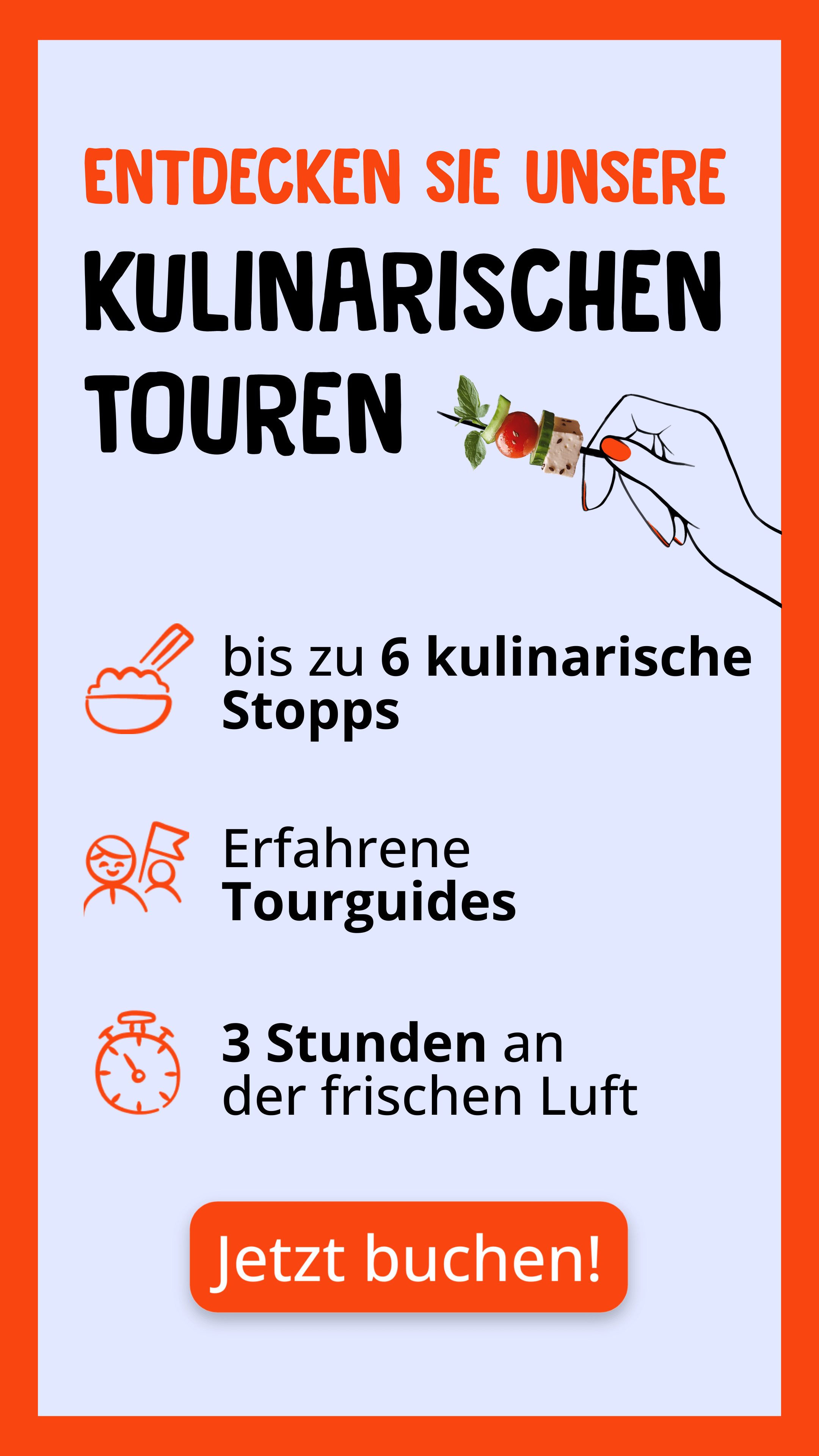 Kulinarische Stadtführungen buchen mit Eat the World. Touren-Info: 6 Stopps, erfahrene Guides, 3 Std. draußen; Hand hält Vorspeise am Spieß. Jetzt buchen!