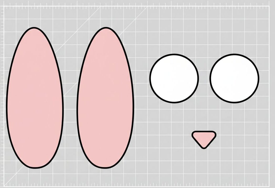 Papierausschnitte für ein Hasengesicht: zwei rosafarbene Ohren, zwei weiße Augen und eine rosafarbene Dreiecksnase auf einem gitterförmigen Hintergrund - die perfekte DIY-Dekoration für Ihr geflochtenes Osterkörbchen oder jedes andere Osterbastelprojekt.