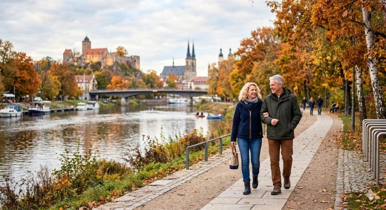 Älteres Paar bei einem Herbstspaziergang am Fluss in der Nähe von Halle (Saale), mit Bäumen, Booten und einer entfernten Burg - die perfekte Kulisse für besondere Date-Ideen.