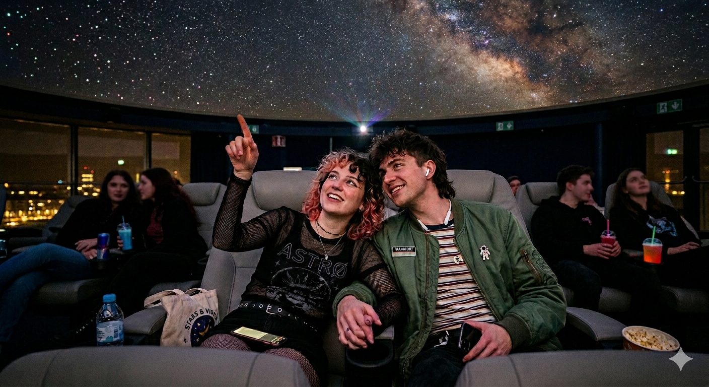 Zwei Menschen sitzen in einem Planetarium in Halle (Saale), halten sich an den Händen und lächeln, während sie auf eine Sternenhimmelprojektion blicken - eine der besonderen Date-Ideen für einen unvergesslichen Abend.