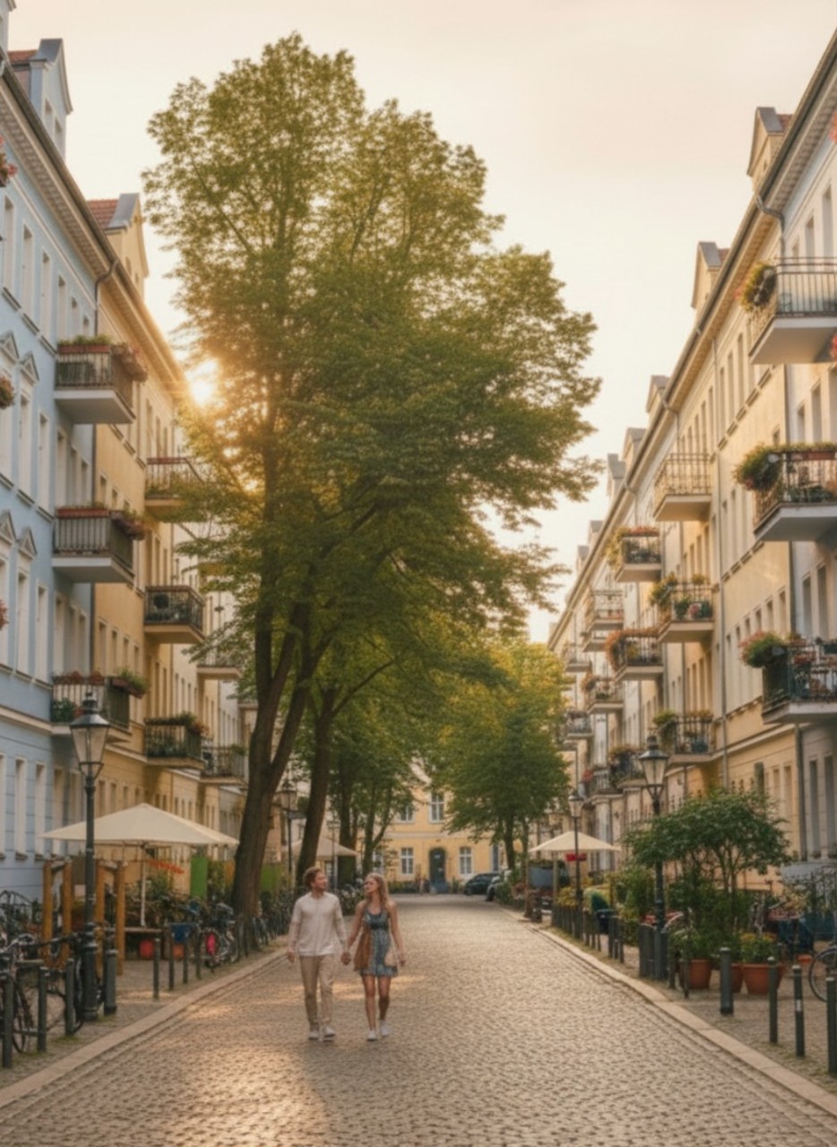 Ein Paar spaziert Hand in Hand eine sonnige, von Bäumen gesäumte Kopfsteinpflasterstraße in Berlins Hauptstadt entlang und erkundet eine der schönsten Routen der Stadt, die von bunten Gebäuden flankiert wird.