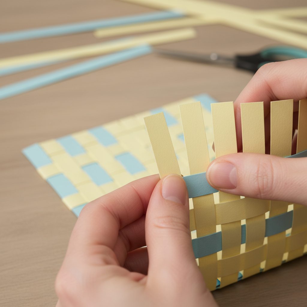 Hände weben gelbe und blaue Papierstreifen auf einem Tisch - perfekt für ein DIY-Osterkörbchen-Projekt - mit Schere und zusätzlichen Streifen im Hintergrund.