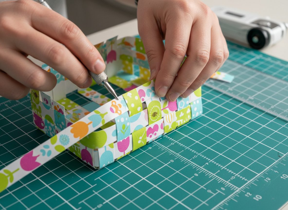 Hände, die ein Bastelmesser benutzen, um bunt gemustertes Papier auf einer grünen Schneidematte zu schneiden, perfekt für DIY-Projekte wie die Gestaltung eines geflochtenen Osterkörbchens für Ostern.