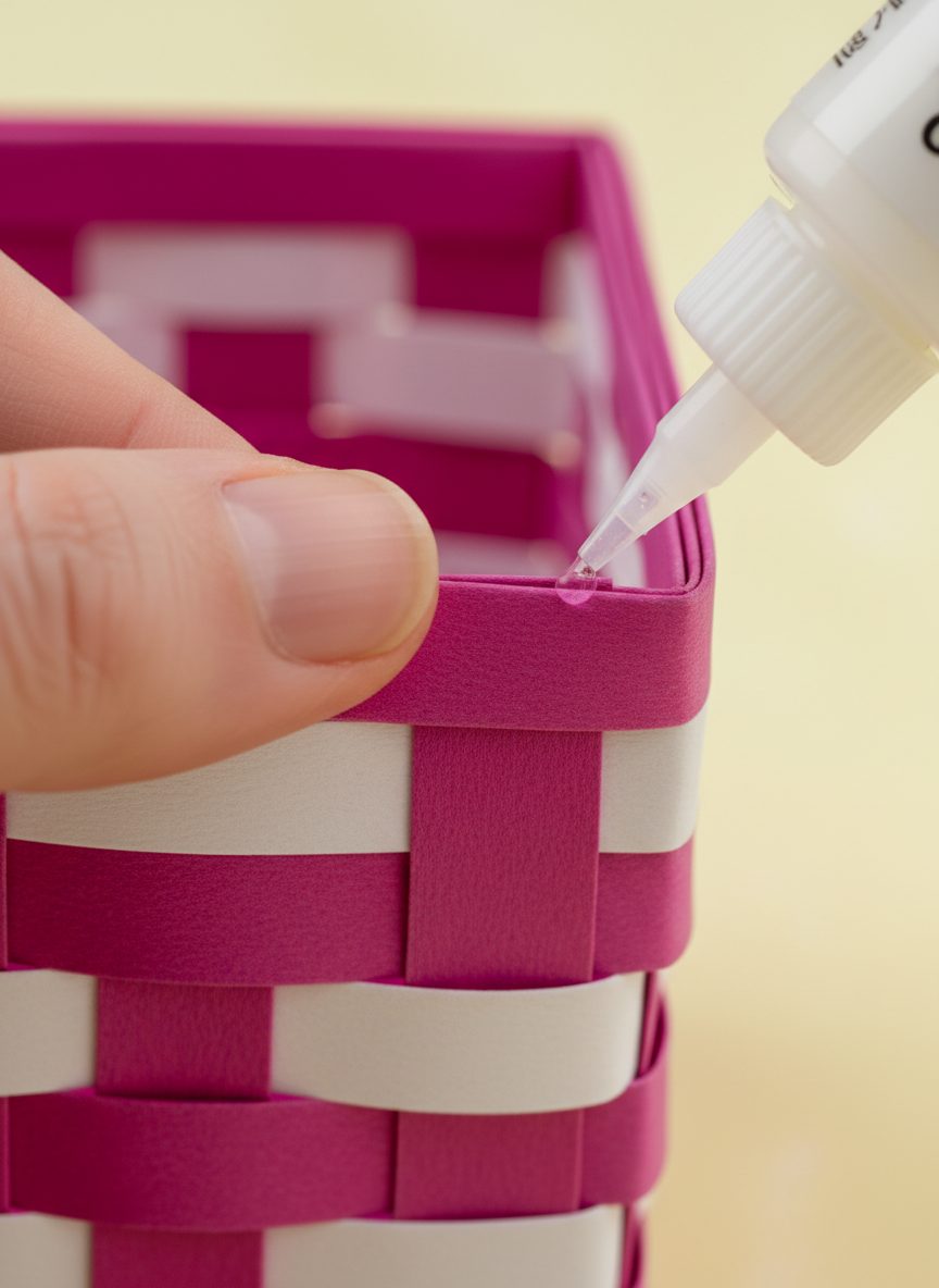 Eine Hand trägt Kleber auf die Ecke eines rosa-weiß geflochtenen Osterkörbchens auf und verleiht dieser charmanten DIY-Osterdeko eine persönliche Note.