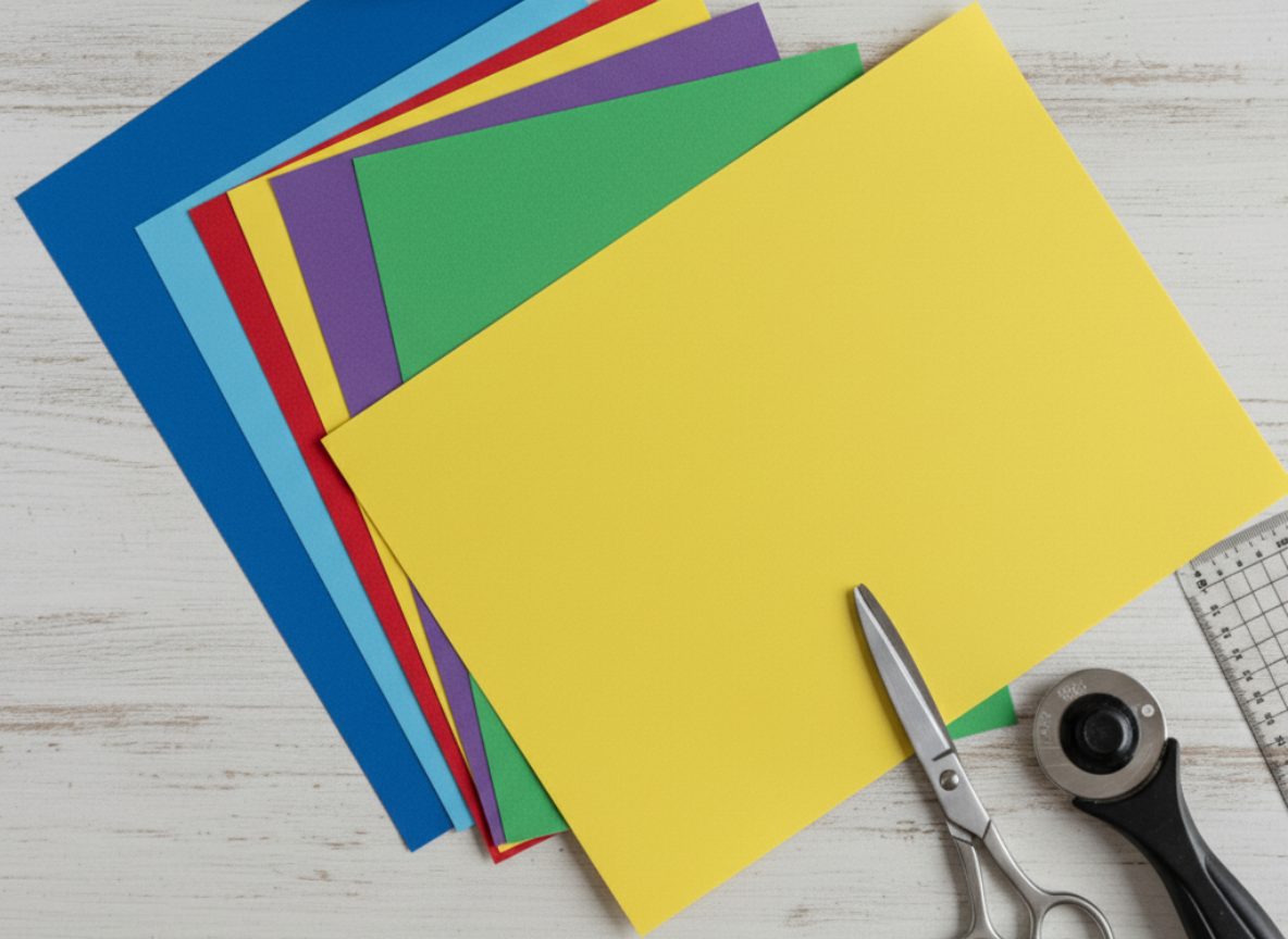 Bunte Papierbögen, eine Schere, ein Rollschneider und ein Lineal auf einer weißen Holzoberfläche - perfekt für Ihr nächstes Heimwerkerprojekt wie das Basteln eines charmanten geflochtenen Osterkörbchens.