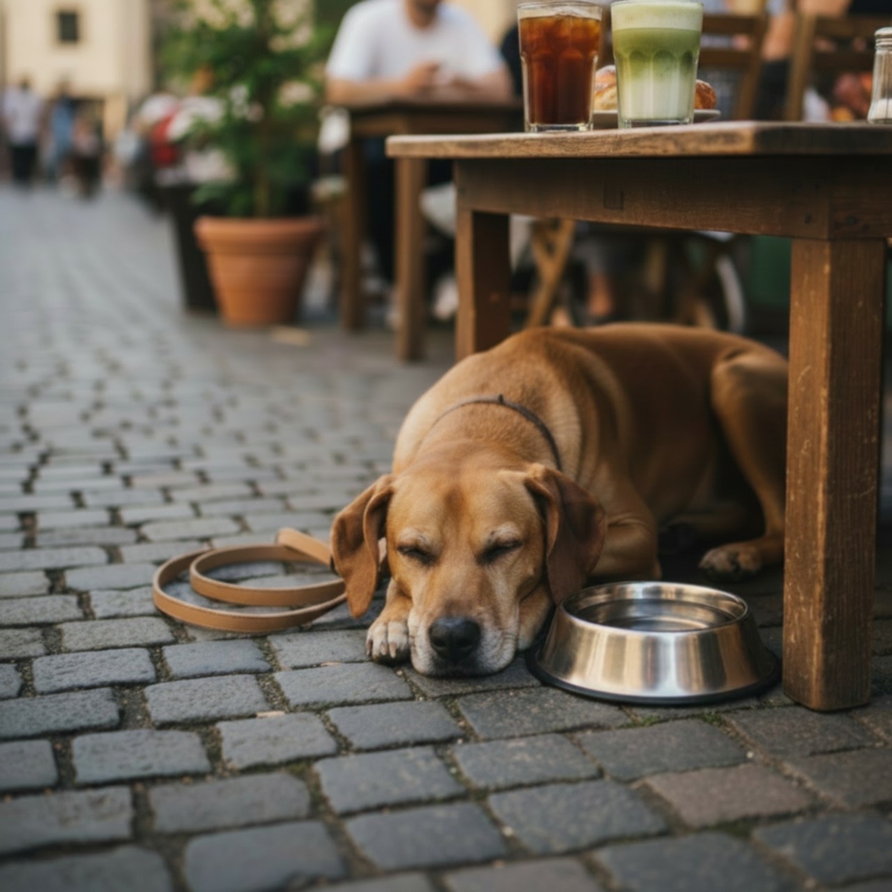 Ein brauner Hund schläft an einem Wassernapf unter einem Cafétisch auf einer Kopfsteinpflasterstraße und ruht sich nach einem Spaziergang durch die pulsierende Hauptstadt aus.