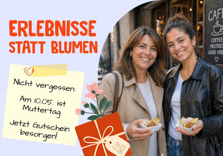 Zwei lächelnde Frauen halten Desserts im Freien; der Text wirbt für Geschenkgutscheine zum Muttertag anstelle von Blumen.