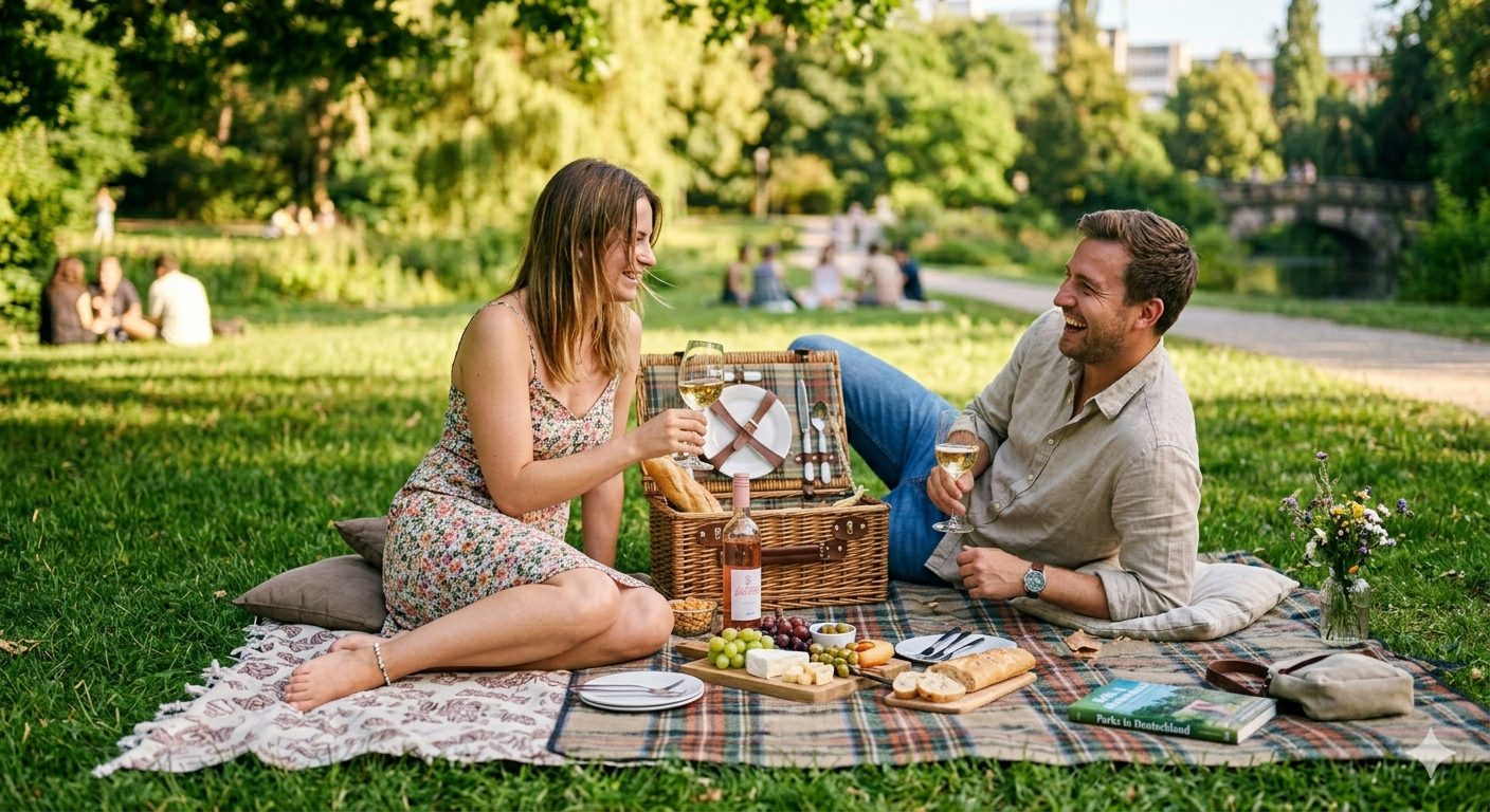 Ein Paar genießt ein Picknick auf einer Decke, teilt Essen und Getränke in einem sonnigen Park - eines der besonderen Dates, die Halle Saale für Date-Suchende zu bieten hat.
