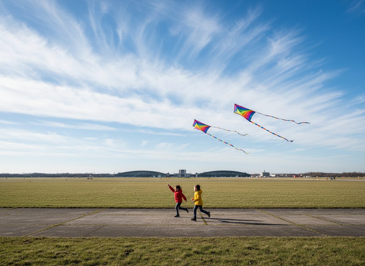 Zwei Kinder lassen auf einer Wiese unter blauem Himmel mit Schäfchenwolken bunte Drachen steigen und genießen einen entspannten Tag bei einem friedlichen Spaziergang in Berlin.