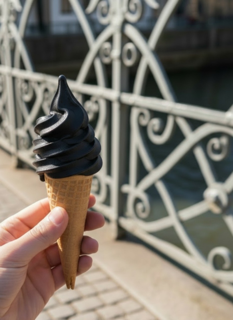 Eine Hand hält eine schwarze Softeiswaffel in der Nähe eines verzierten Metallzauns am Wasser - perfekt für einen Spaziergang durch Berlin entlang der landschaftlich reizvollen Routen in der Hauptstadt.