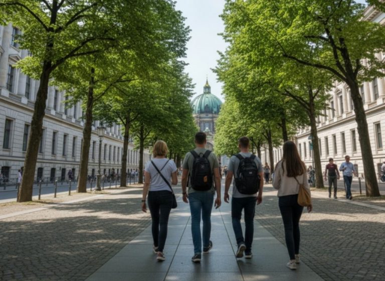 Vier Personen genießen einen entspannten Tag in der Hauptstadt, während sie eine der schönsten Routen Berlins, einen von Bäumen gesäumten Stadtweg mit einem Kuppelgebäude im Hintergrund, entlanggehen.