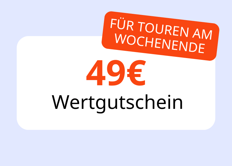49-€-Gutschein, orangefarbenes Schild: „Für Touren am Wochenende“ auf weißem Hintergrund.