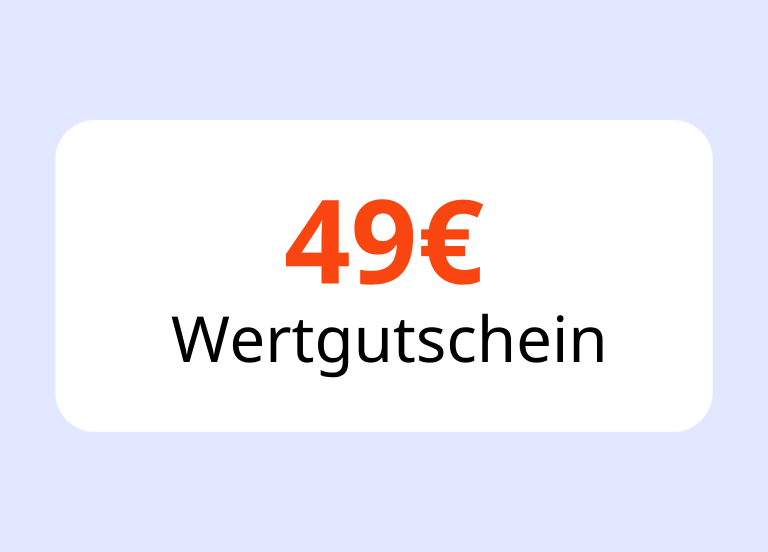 Weiße Karte mit "49 €" in Orange und "Wertgutschein" in Schwarz auf hellblauem Hintergrund - perfekt als Gutschein für jeden Anlass.