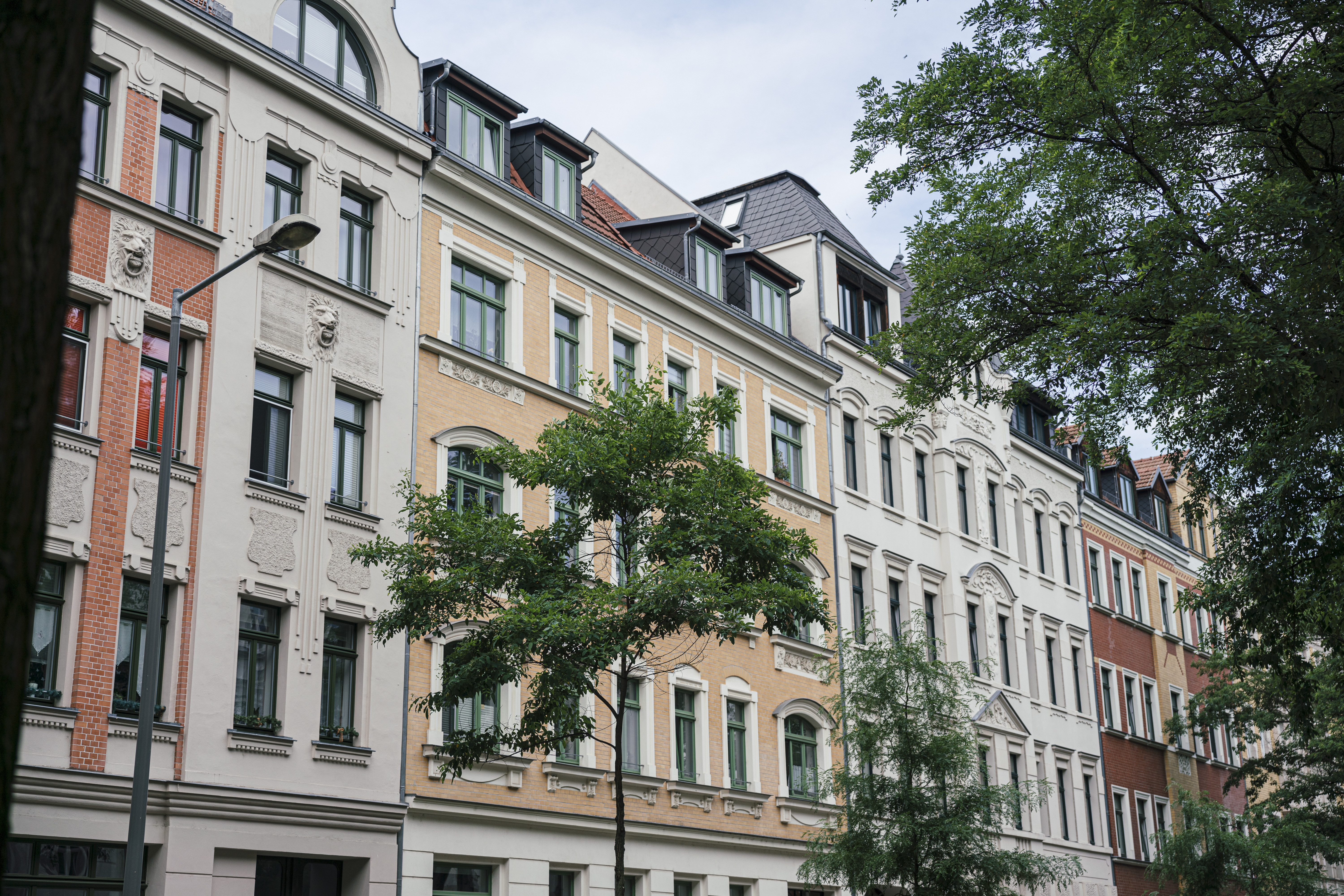 Eine Reihe farbenfroher, historischer Mehrfamilienhäuser in Leipzig, die von Bäumen gesäumt sind - perfekt für einen Spaziergang und zum Bewundern lokaler Sehenswürdigkeiten.