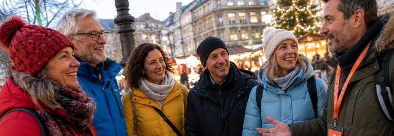 Sechs Erwachsene in Winterkleidung lächeln und unterhalten sich im Freien in der Nähe eines Weihnachtsbaums und festlicher Stadtbeleuchtung; sie schwelgen in Erinnerungen an die Spätsommertage, während sie gemeinsam den Winterabend genießen.