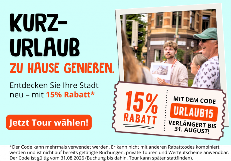 Anzeige für ein Stadtrundfahrt-Angebot mit 15 % Rabatt bei Verwendung des Codes URLAUB15, gültig bis zum 31. August.